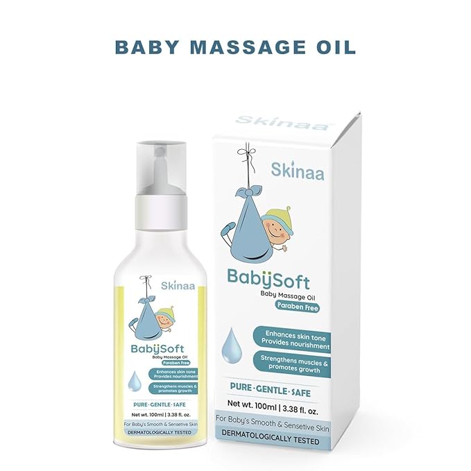 Skinaa BabySoft Baby Massage Oil – gentle paraben-free oil enriched with natural nourishment, enhances skin tone, strengthens muscles, and promotes healthy growth